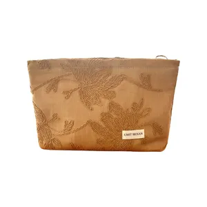 Vintage cotton linen embroidered floral cosmetic bag, portable zip pouch and storage organizer.