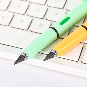 Eternal inkless pencil detail shot showing colorful ergonomic writing pens on keyboard.