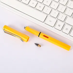 Yellow eternal inkless pencil detail shot showing replaceable graphite nib and matching cap.