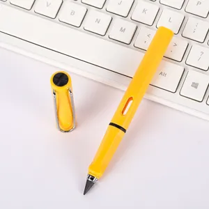Eternal inkless pencil detail shot, yellow durable graphite writing pen with stylish clip.