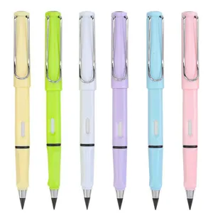 Detail view of colorful eternal inkless pencils set, metal clips and ergonomic grip design.