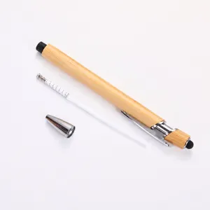 Eco-friendly bamboo retractable ballpoint pen with touchscreen stylus and parts view.