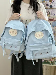 Mochila De Nailon Casual Estilo Coreano Para Mujer Estudiante Lindo Oso Insignia Bordado Bolso Escolar Viaje Diario