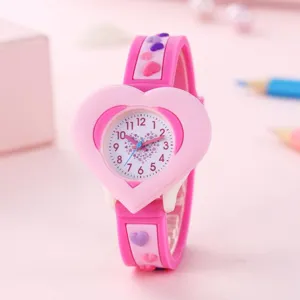 Kinderen Tekenfilm 3D Hartvormig Horloge Schattige Studenten Leren Quartz Horloge Voor Kinderen Meisjes Jongens Cadeau
