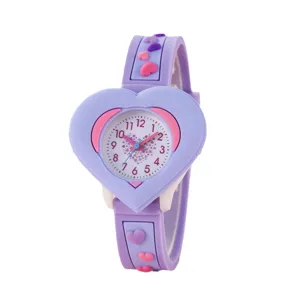 Kinderen schattig paars hart horloge 3d cartoon bandje kinderen leer kwarts horloge