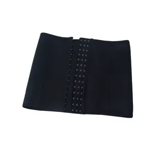 Close-up detail of the black neoprene waist trainer hook closure, high elasticity fitness corset.