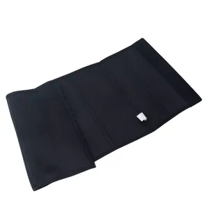 Black neoprene waist trainer belt for women, fitness corset with hook closures for tummy control.