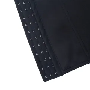 Close-up detail of black waist trainer corset showing sturdy hook and eye closures.