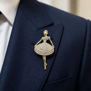 Elegant rhinestone ballerina brooch, gold-plated alloy crystal pin for women suit dress decor.