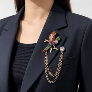 Elegant crystal parrot brooch with double tassel chains, perfect for blazer lapel and suits.