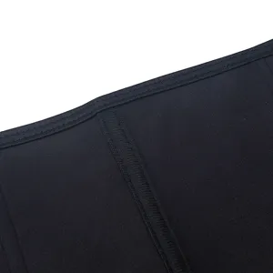 Close-up detail of black fitness waist trainer fabric, showing durable double stitching and texture.