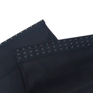 Black neoprene waist trainer detail shot showing durable hook and eye closures for gym workout.