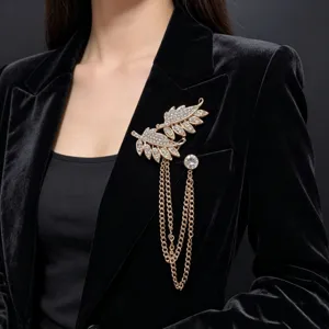 Crystal leaf tassel brooch pin for women suit accessory sparkling rhinestone jewelry detail view