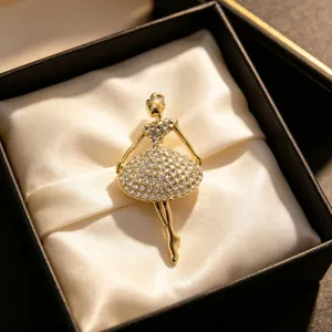 Elegant rhinestone ballerina brooch for women, alloy crystal lapel pin for suit and dress.