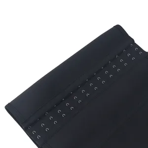 Detail shot of black neoprene waist trainer corset for women, showing multi-row hook closures.