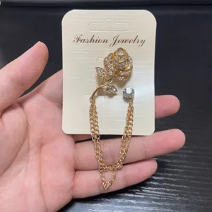 Gold rhinestone rose flower brooch with tassel chains for women suit lapel pin