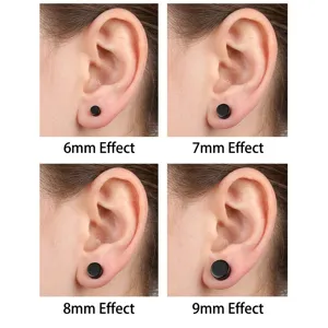 Vue detaillee de boucles doreilles rondes en acier noir montre les tailles de 6mm a 9mm.