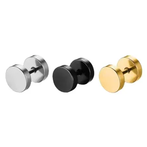 Vue de détail des boucles d'oreilles clous rondes haltères en acier inoxydable argent noir or.