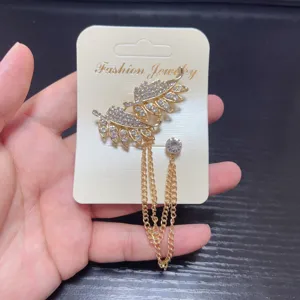 Gold-toned rhinestone feather tassel brooch pin for women elegant suit clothing accessory