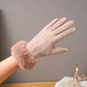 Gants d'hiver chauds pour femmes manchette fourrure lapin tactile coupe-vent élégants