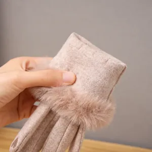 Gants chaud hiver femme manchette fausse fourrure peluche epais coupe-vent doux doux tricot