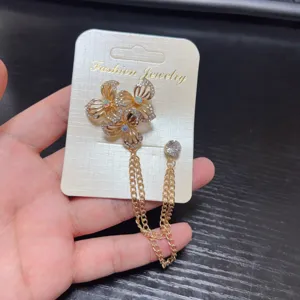 Gold rhinestone floral tassel brooch pin elegant suit lapel accessory for women
