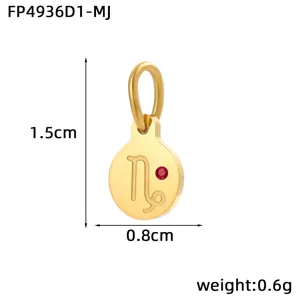 Stainless steel 14K gold plated zodiac sign pendant with red zircon and hanging ring.