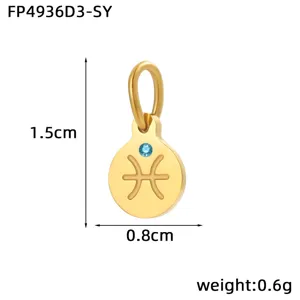 Stainless steel 14K gold plated Pisces zodiac sign pendant charm with blue zircon crystal.