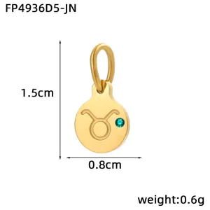 Stainless steel 14K gold plated Taurus zodiac pendant charm with green zircon stone.