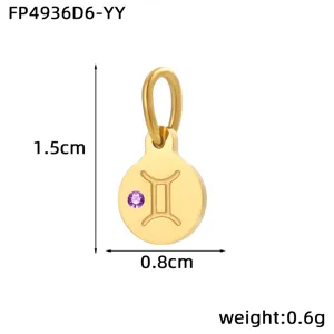 Stainless steel 14K gold plated Gemini zodiac sign pendant with purple zircon crystal.