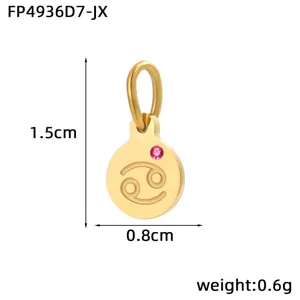 Stainless steel 14K gold plated cancer zodiac sign pendant with pink zircon detail view.