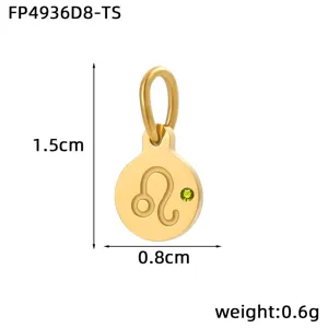 Detailed view of 14K gold plated stainless steel Leo zodiac pendant with green zircon.