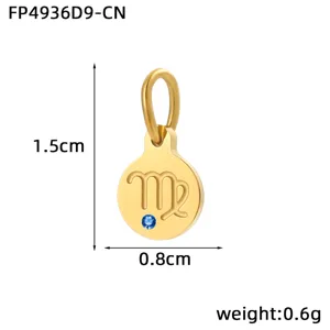 Detail view of gold stainless steel virgo zodiac pendant with blue cubic zirconia gemstone.