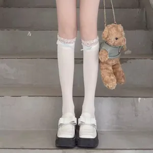 Summer sweet white lace ruffles calf socks JK girls cute bow college style long hosiery