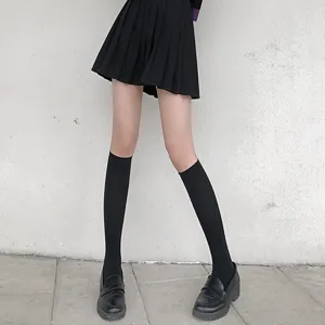 Japanese JK style black calf socks, thin velvet stockings for women, slim fit hosiery details.