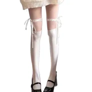Calze al ginocchio Lolita con nastro fiocco collant bianchi kawaii anello gamba calzetteria