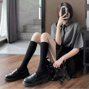 Japanese JK style black calf socks and platform shoes set, thin velvet long socks for women.