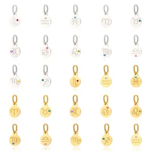 Stainless Steel 12 Zodiac Sign Charms Rhinestone Constellation Round Disc Pendant For DIY Jewelry Making Necklace Accessories