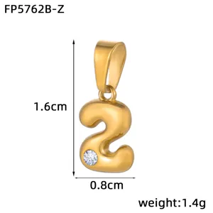 Gold 3D bubble number 2 pendant with crystal inlaid, stainless steel 18k gold plated DIY jewelry.