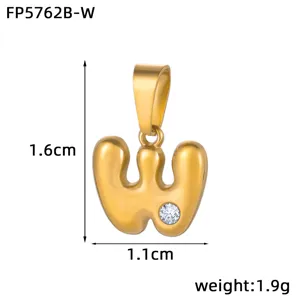 Gold 18K plated stainless steel bubble letter W pendant detail shot, showing sparkling rhinestone.