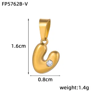 Stainless steel gold plated bubble letter pendant detail showing 1.6cm size dimensions.