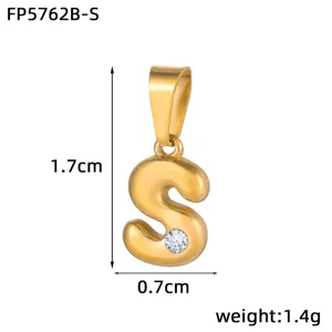 Gold bubble letter S pendant detail, stainless steel 18k gold plated with sparkling crystal.