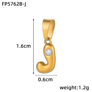 Gold stainless steel bubble letter J pendant with sparkling crystal, stylish jewelry DIY charm.