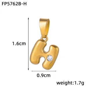 Gold bubble letter H pendant detail view, stainless steel 18k gold plated with crystal stone.