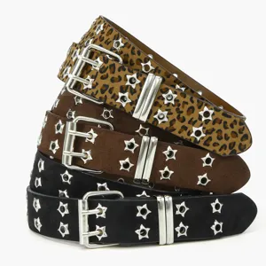 Cintura Punk Con Borchie a Stella Cintura in Similpelle Leopardo Vintage Per Uomo Donna Y2K Doppia Fibbia Ad Ardiglione Cintura Con Fori a Stella Accessorio Moda
