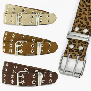 Cintura borchiata stella punk stampa leopardata retro in pelle unisex cintura multi-fori moda