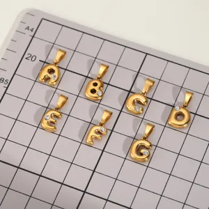 Gold stainless steel 18K PVD plated rhinestone bubble letter pendant DIY jewelry accessory.