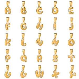 Gold Puffy Initial Letter Pendants Stainless Steel 18K Gold Plated Zirconia DIY Jewelry