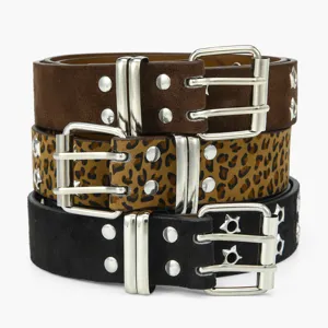 Set di cinture in pelle punk con rivetti a stella, fibbie metalliche doppie e leopardato.