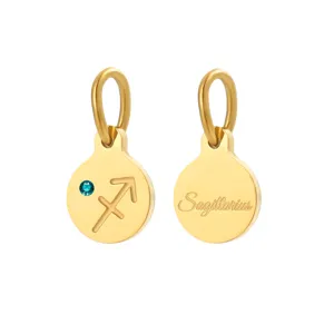 Stainless steel 14K gold plated Sagittarius constellation round pendant charm with blue zircon crystal